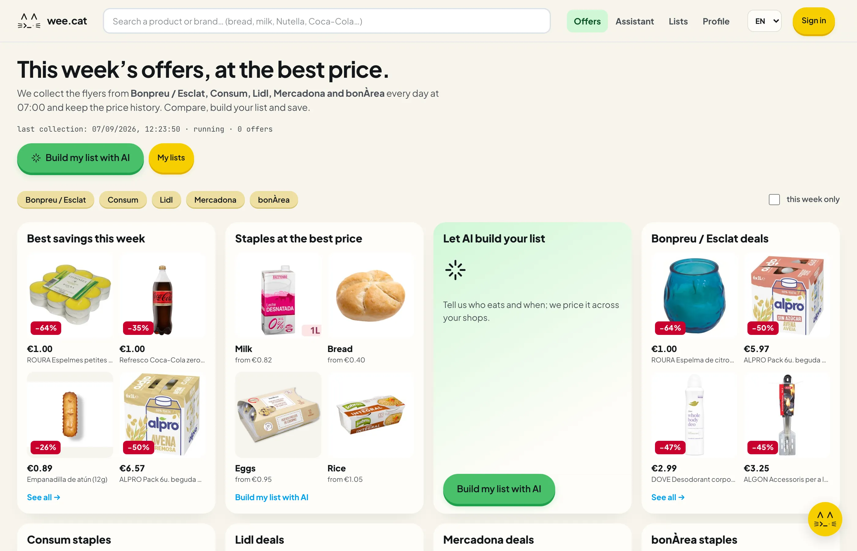 wee.cat showing this week's supermarket offers, staples at the best price, and an AI shopping-list builder