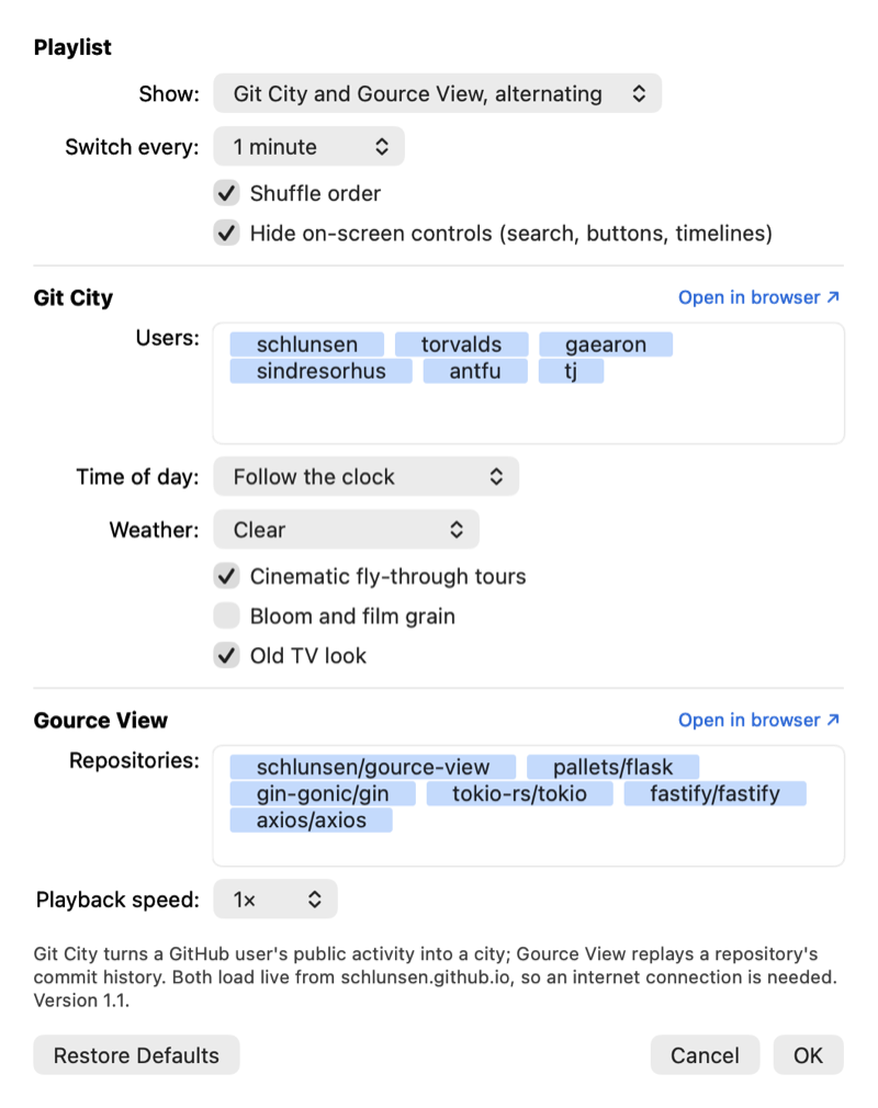 The Options sheet: playlist, Git City users, time of day and weather, GourceView repositories and playback speed.